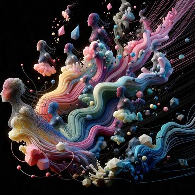 The primary subject of the image is a person, possibly a woman, surrounded by a vibrant and colorful environment. The setting appears to be a dark background, with the person being the main focus of the scene. The visual style of the image is digital art, as it features a mix of colors and patterns that create a dynamic and artistic atmosphere. The dominant colors in the image are pink, blue, and yellow, which contribute to the overall mood of the scene.